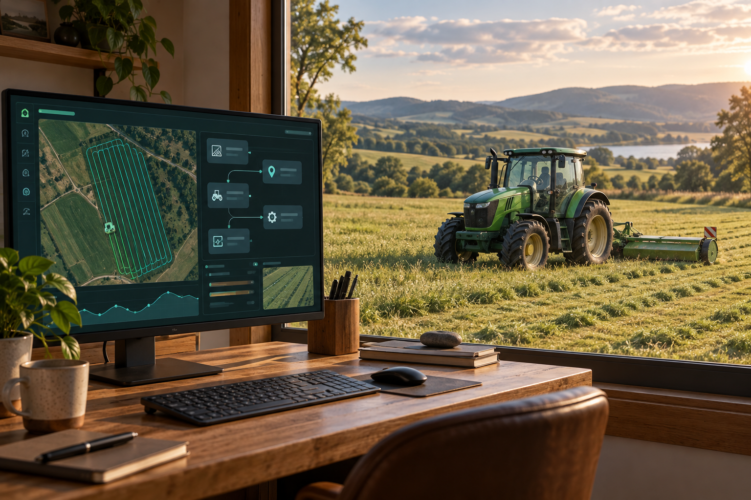 Concept illustration of an unoccupied tractor with a rear-mounted mower cutting a field beside a computer displaying field routes and workflow plans