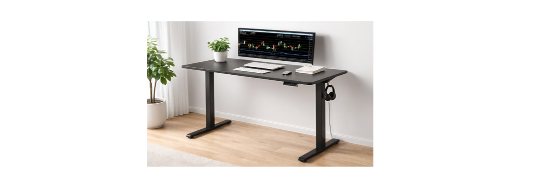 Modern home office with a compact standing desk centered in a minimalist workspace