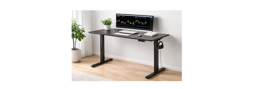 Modern home office with a compact standing desk centered in a minimalist workspace